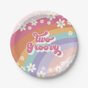 Two Groovy Retro Rainbow 2nd Birthday Paper Plates