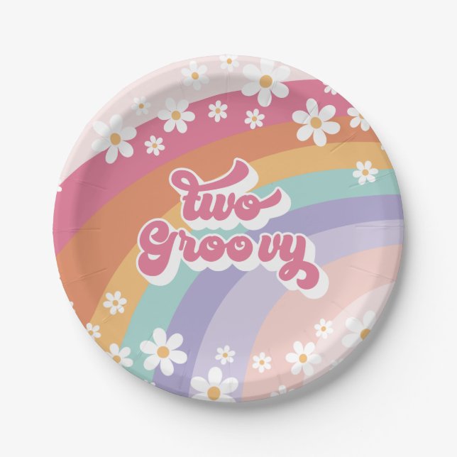 Two Groovy Retro Rainbow 2nd Birthday Paper Plates (Front)