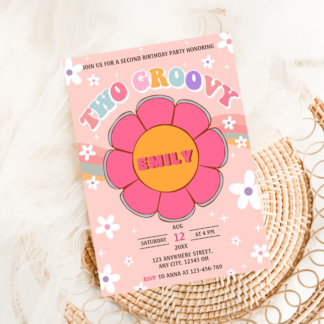 Two Groovy Retro Rainbow 2nd Birthday Party Invitation (Creator Uploaded)