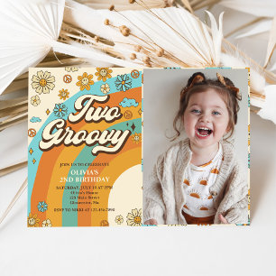 Two Groovy Retro Rainbow 2nd Birthday Party Photo Invitation