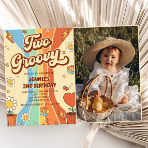 Two Groovy Retro Rainbow 2nd Birthday Party Photo Invitation