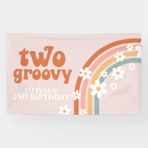 Two Groovy Retro Rainbow Daisy Birthday Banner