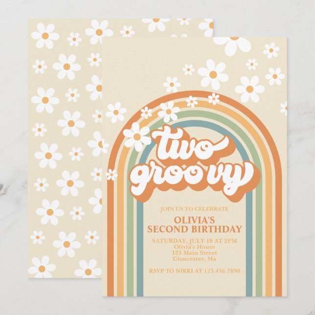 Two Groovy Retro Rainbow Daisy Birthday Invitation (Front/Back)