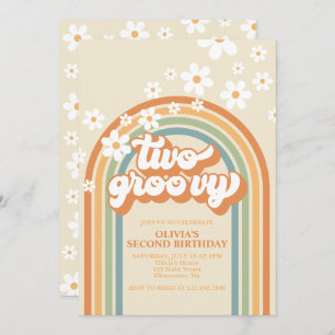 Two Groovy Retro Rainbow Daisy Birthday Invitation