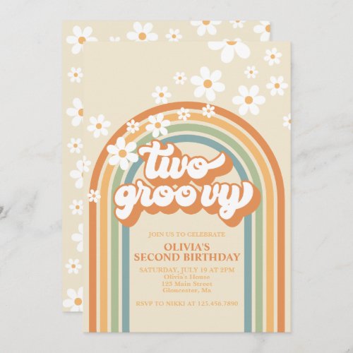 Two Groovy Retro Rainbow Daisy Birthday Invitation