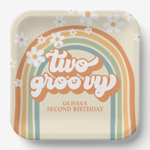 Two Groovy Retro Rainbow Daisy Birthday Paper Plates