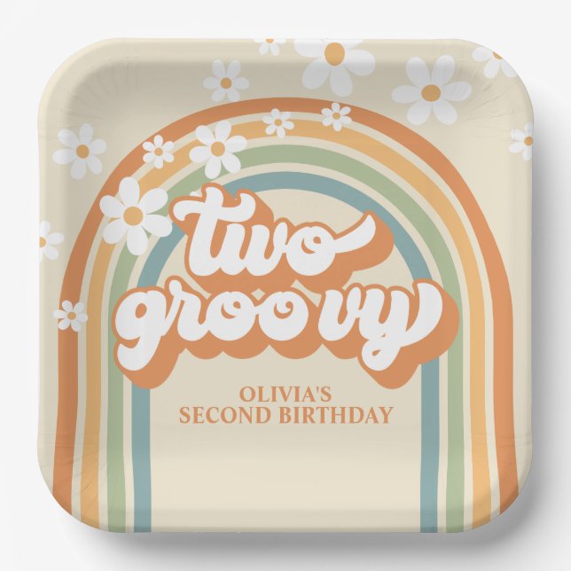 Two Groovy Retro Rainbow Daisy Birthday Paper Plates (Front)