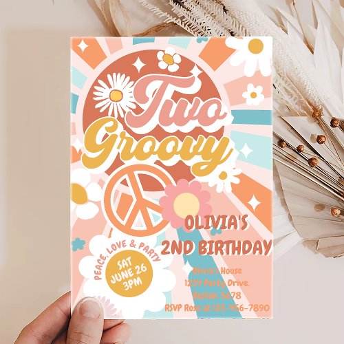 Two Groovy Retro Sunshine Daisy Boho 2nd Birthday Invitation