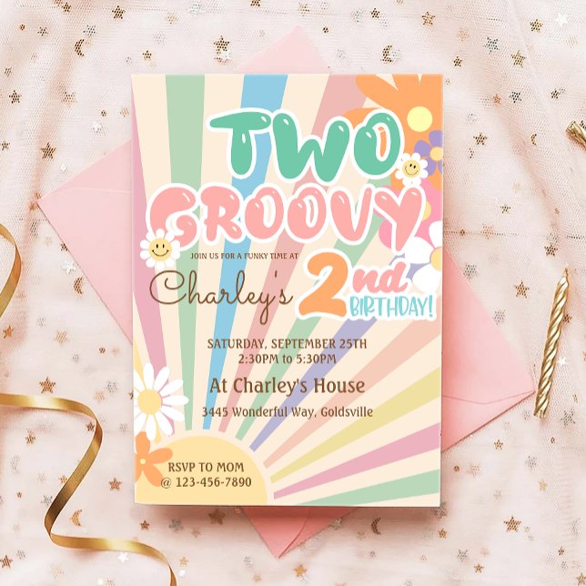 Two Groovy Retro Sunshine Daisy Boho 2nd Birthday Invitation (Creator Uploaded)