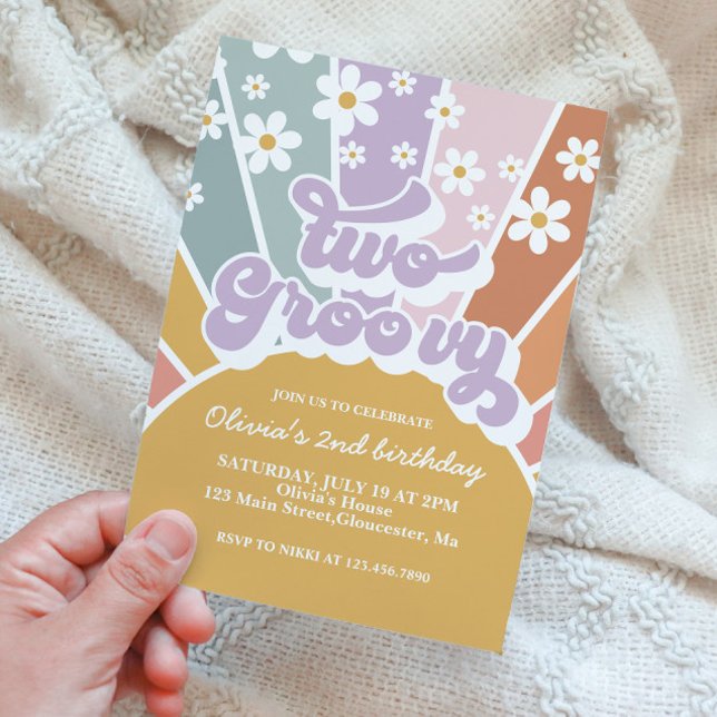 Two Groovy Retro Sunshine Rainbow Daisy Invitation (Creator Uploaded)
