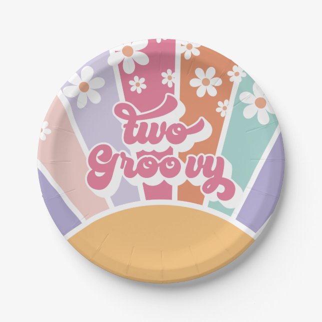 Two Groovy Retro Sunshine Rainbow Daisy Paper Plates (Front)