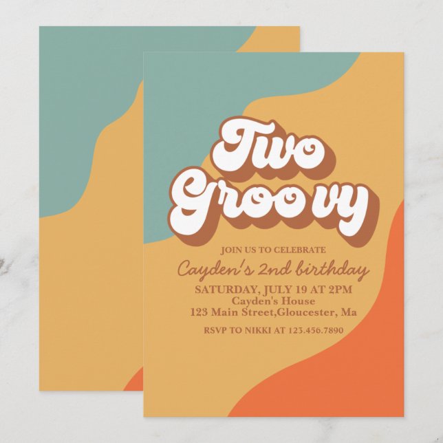 Two Groovy Retro Swirl 2nd Birthday Invitation (Front/Back)