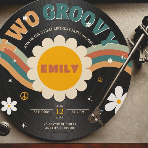 Two Groovy Retro Vinyl Record Girls 2nd Birthday Invitation