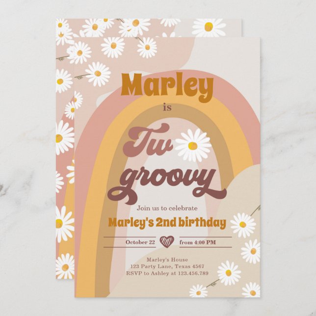 Two Groovy Second Birthday 2nd Retro Boho Daisy In Invitation (Front/Back)