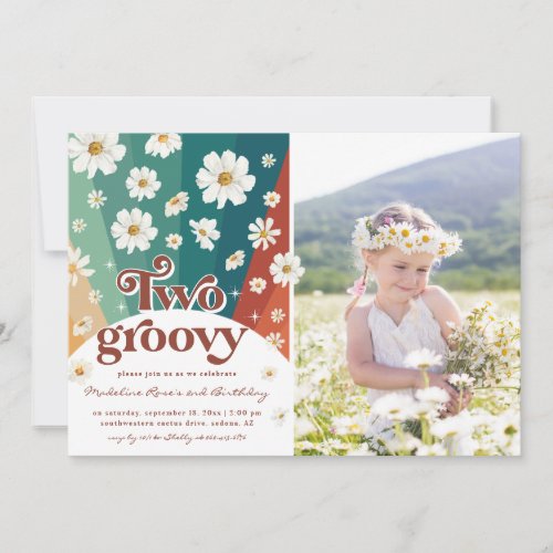 Two Groovy Second Birthday  Retro Daisy Rainbow Invitation