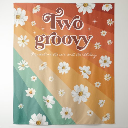 Two Groovy Second Birthday  Retro Daisy Rainbow Tapestry
