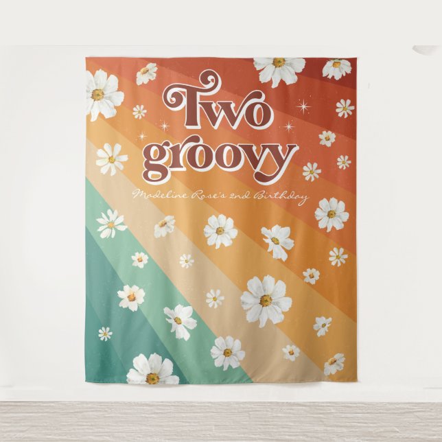 Two Groovy Second Birthday | Retro Daisy Rainbow Tapestry (Front)