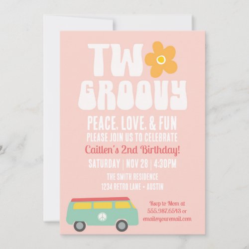 Two Groovy Second Birthday Retro Flower Peace Van Invitation