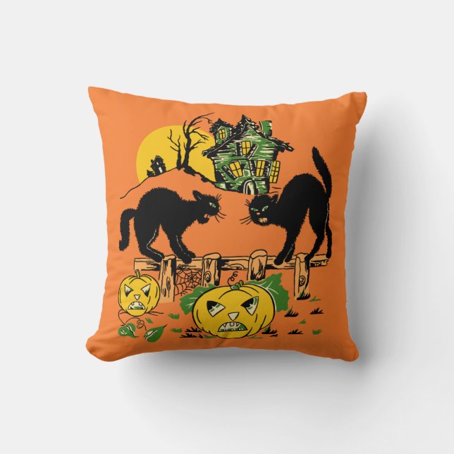 Two Halloween Black Cats and Haunted House Throw Pillow (Front)