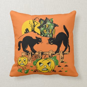 Two Halloween Black Cats And Haunted House Throw Pillow by Vintage_Halloween at Zazzle