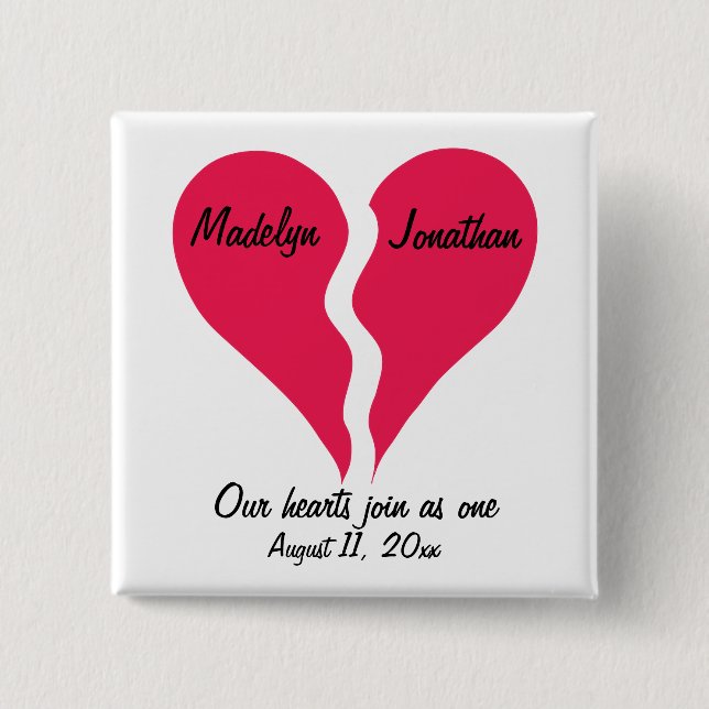 Two Halves Hearts Join as One Name Personalized Button (Front)