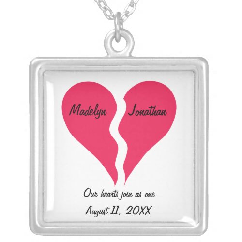 Two Halves Hearts Join as One Name Personalized Silver Plated Necklace