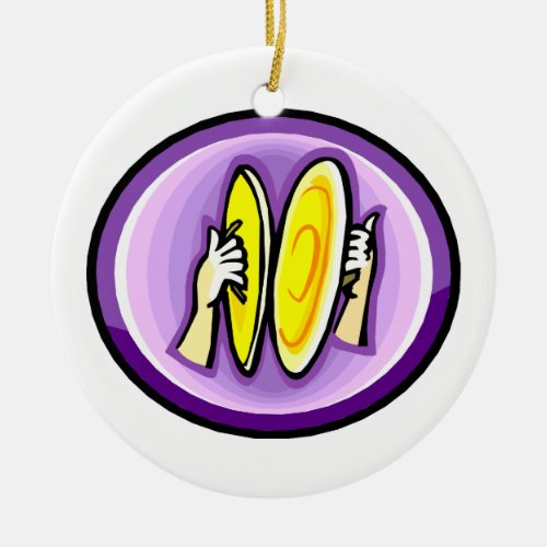 Two hands playing crash cymbals in purple circle ceramic ornament