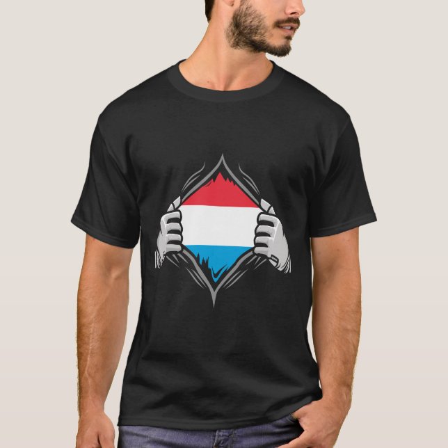 Two Hands Ripping Revealing Flag of Luxembourg T-Shirt (Front)