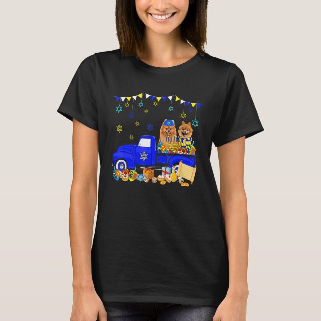 Two Hanukkah Pomeranians On Pickup Truck With Meno T-Shirt (Front)