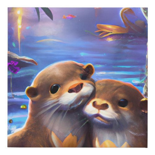 Two Happy Baby Otters Hugging in Glowing Blue Wate Faux Canvas Print