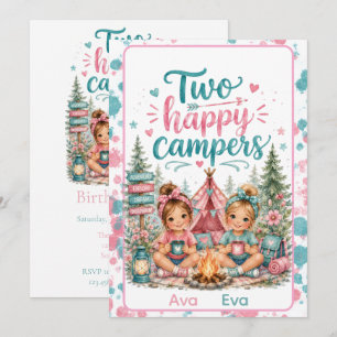Two Happy Campers Twin Girls' Birthday Party Invitation