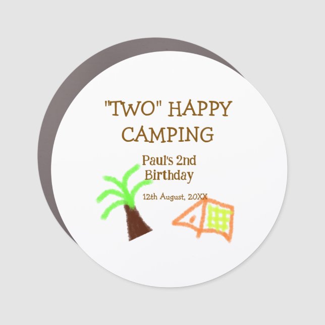 Two happy camping 2nd birthday tree camp kids car magnet (Front)