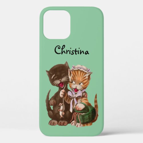 Two Happy Cats Sharing Rats from a Basket Green iPhone 12 Case