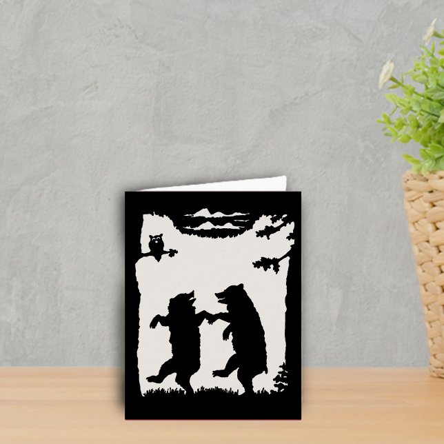 Two Happy Dancing Bears Owl Trees Black Silhouette Cards (Black silhouette on white two dancing bears in woods owl in tree on note card.)