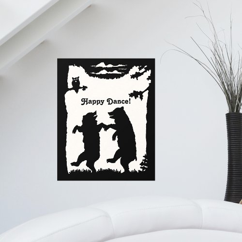 Two Happy Dancing Black Bears Owl Trees Forest Wall Decal