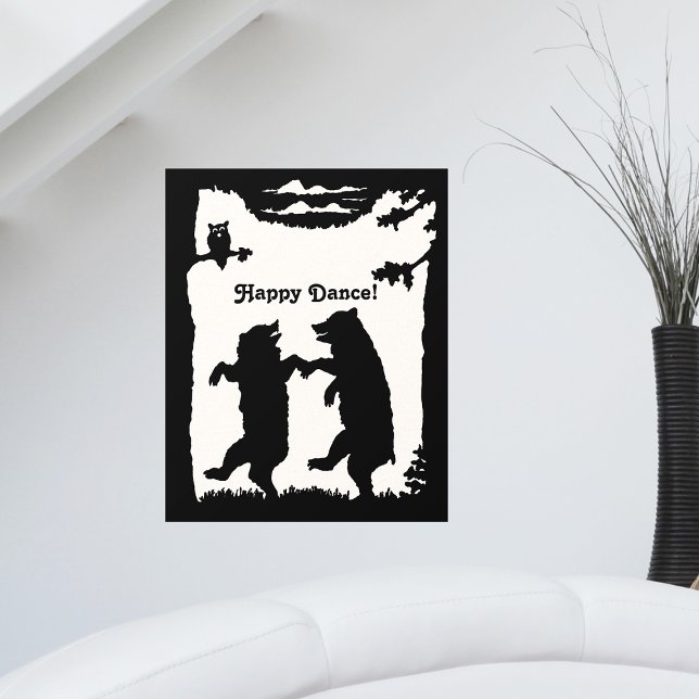 Two Happy Dancing Black Bears Owl Trees Forest Wall Decal (Dancing black bears in the woods under trees owl in tree on wall decal.)