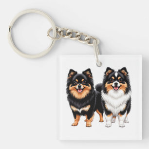 Two Happy Fluffy Dogs Sit Side by Side Keychain