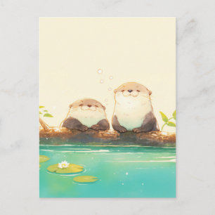 Two Happy Otters on Summer Log Postcard