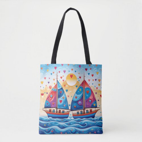 Two Happy Sailboats with hearts background Tote Bag