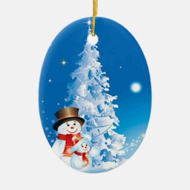 Two Happy Snowmen Ceramic Ornament (Front)
