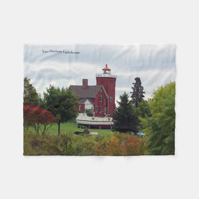 Two Harbor Lighthouse & Boat fleece blanket (Front (Horizontal))