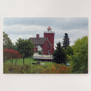 Two Harbor Lighthouse & Boat Jigsaw Puzzle