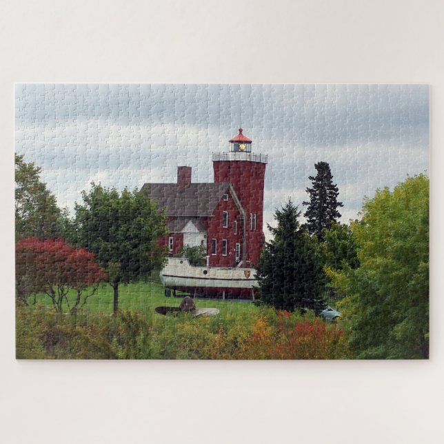 Two Harbor Lighthouse & Boat Jigsaw Puzzle (Horizontal)