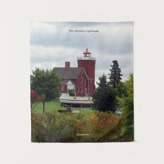 Two Harbor Lighthouse & Boat tapestry (Front)