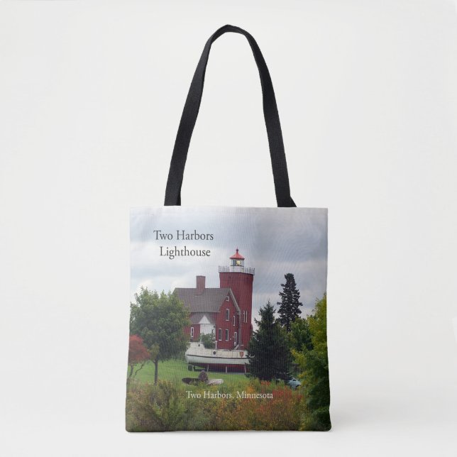 Two Harbors Lighthouse & boat all over tote bag (Front)