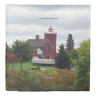 Two Harbors Lighthouse & Boat duvet Cover