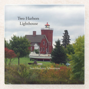 Two Harbors Lighthouse & Boat glass coaster
