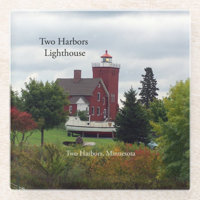 Two Harbors Lighthouse & Boat glass coaster (Front)