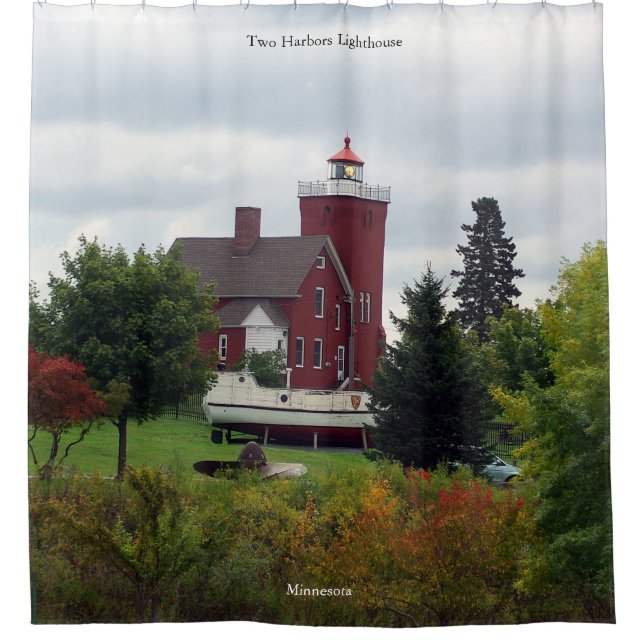 Two Harbors Lighthouse & Boat shower curtain (Front)
