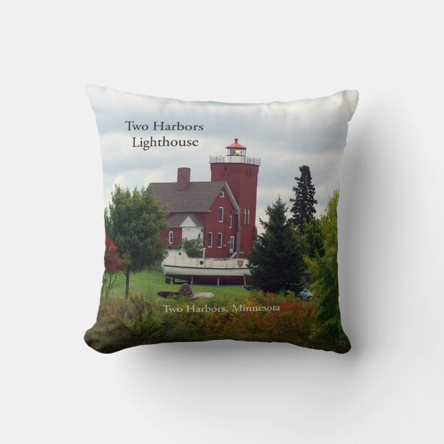 Two Harbors Lighthouse & boat square pillow (Front)